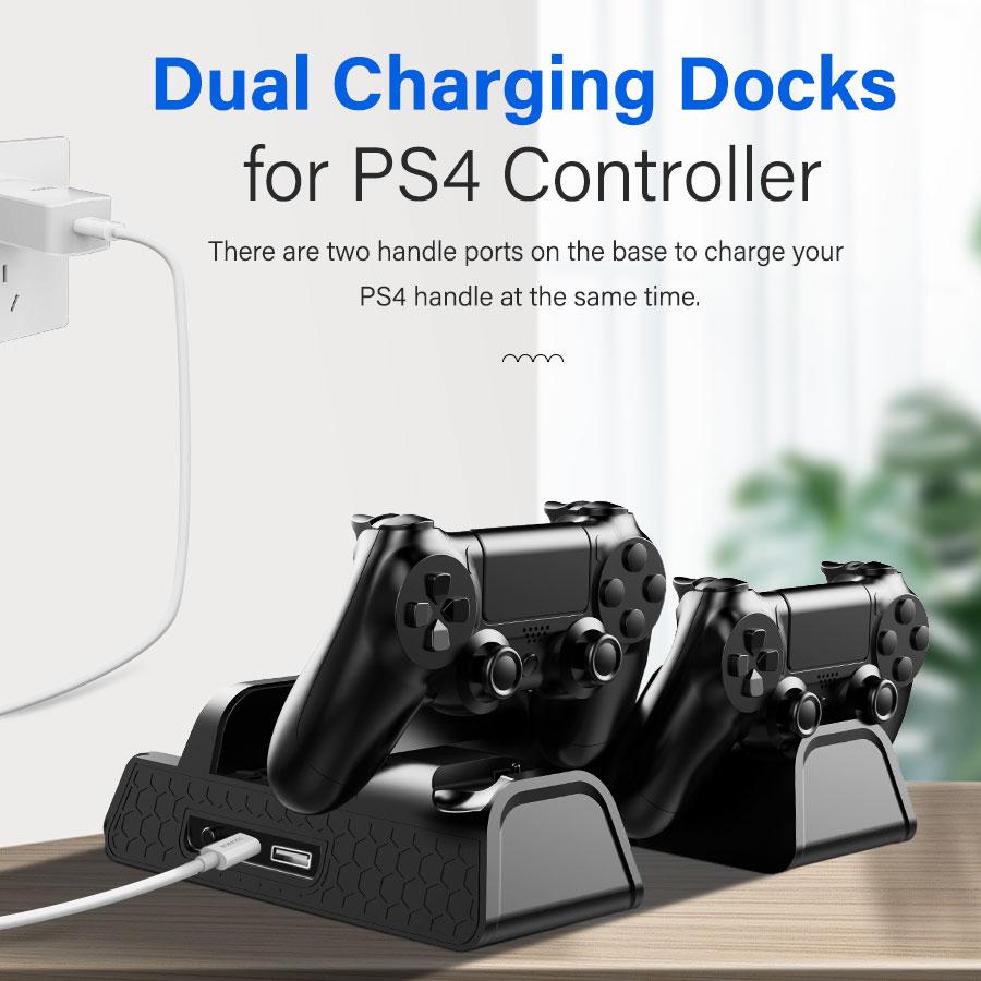 PS4 Vertical Cooling Stand with Dual Controller Station and Game Storage, designed for efficient cooling and organization.